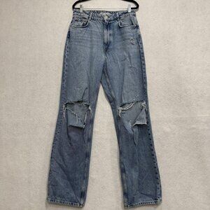 Zara Jeans Womens 10 Blue Distressed High Rise Straight Leg Ripped Denim Pants